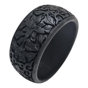 Vintage Carved Black‎ Cinnabar Wide Bangle Bracelet Black